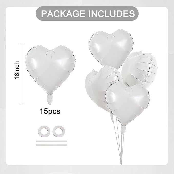TONIFUL 15Pcs 18 Inch White Heart Balloons White Heart Shape Foil Mylar Balloons Decoration for Birthday Valentine's Day Wedding Bridal Shower Anniversary Engagement Party Supplies