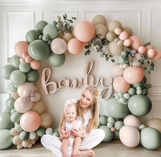 Dusty Green Pink Balloon Garland Double Stuffed Blush Pink Cream Retro Green Peach Sand White Balloon Arch Kit for Baby Bridal Shower Wedding Birthday Spring Party Decoration