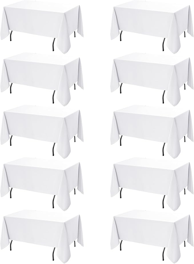 10-Pack White Tablecloths for Rectangle Tables, 70 x 120 Inches, Stain-Resistant Polyester Fabric for 6 Foot Tables - Washable Table Covers for Weddings, Banquets, Birthday Parties, Events