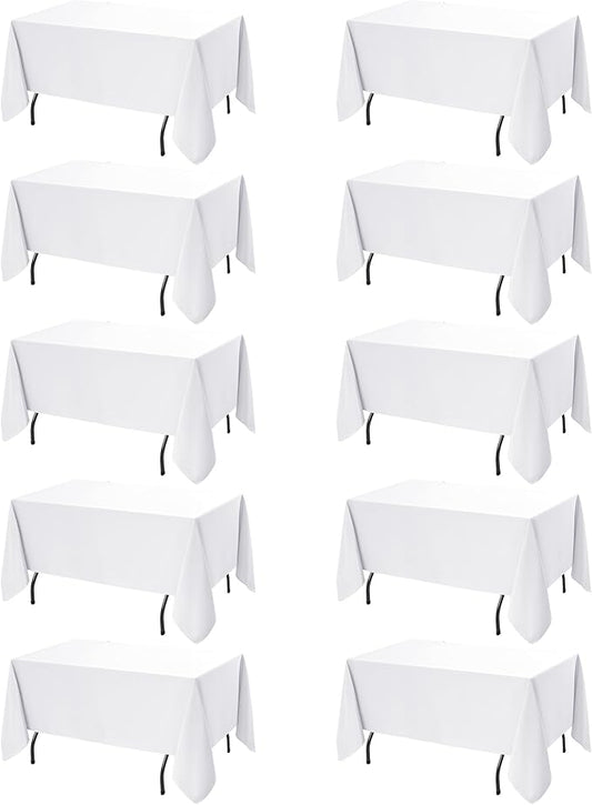 10-Pack White Tablecloths for Rectangle Tables, 60 x 120 Inches, Stain-Resistant Polyester Fabric for 6 Foot Tables - Washable Table Covers for Weddings, Banquets, Birthday, Parties, Events