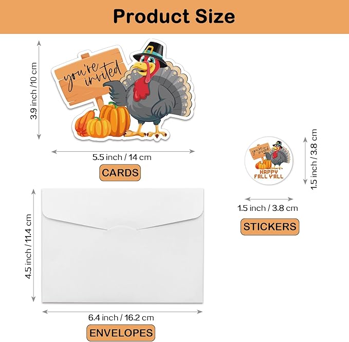 REWIDPARTY 20 Pack Thanksgiving Party Invitation Cards with Envelopes & Stickers, Thanksgiving Turkey Shaped Fill-in Invitations Fall Party Invites Cards Thanksgiving Party Supplies for Kids Adults
