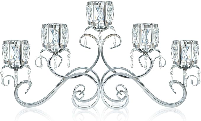 Silver 5 Arms 26.8 Inches Wide Crystal Pendant Bowl Tea Light Candle Holder, Large Bling Centerpiece Table Decorations, Metal Votive Candle Holders for Dining Table (Silver, Cup-Shaped)