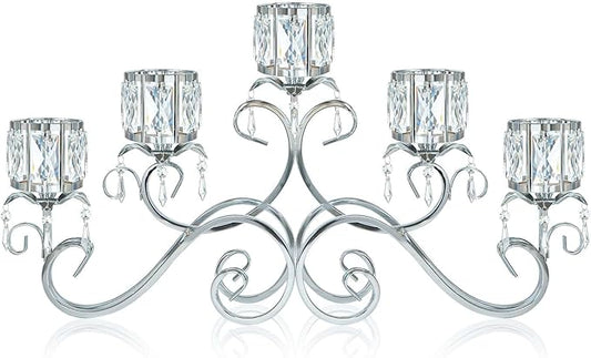 Silver 5 Arms 26.8 Inches Wide Crystal Pendant Bowl Tea Light Candle Holder, Large Bling Centerpiece Table Decorations, Metal Votive Candle Holders for Dining Table (Silver, Cup-Shaped)