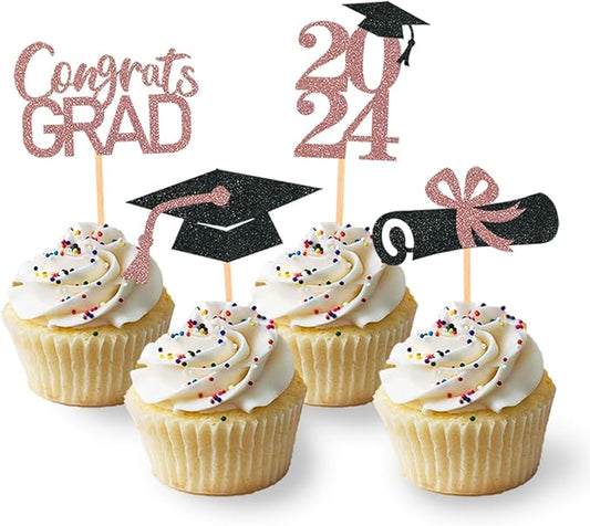 24Pcs Graduation Cupcake Toppers, Graduation Cupcake Picks for Cupcake Food Decorations - Class of 2025 Cupcake Toppers Supplies (Rose Gold)