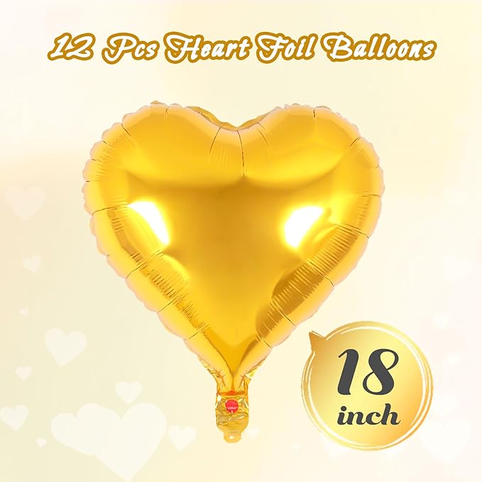 12 Pcs Heart Balloons,18 Inch Gold Heart Shape Foil Balloons Love Balloon Valentine Balloon for Birthday Party Wedding Engagement Party Baby Shower Valentine Day Decorations (gold)