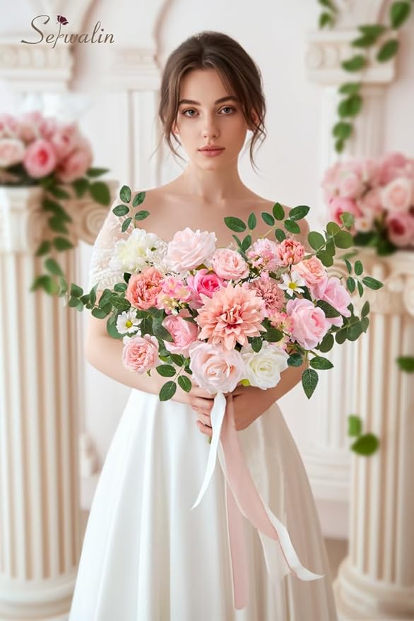 Serwalin Artificial Silk Flowers Abby Pink, Fake Flowers Stems for DIY Wedding Bouquets, Baby Shower Centerpieces, Cake Decor, Birthday Party & Home Decor