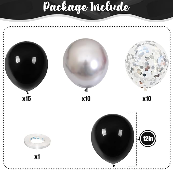 Black and Silver Balloons, 12 Inch Metallic Chrome Black Silver Confetti Latex Helium Balloons for Men Boys Birthday Baby Shower Wedding Engagement Halloween New Year Bachelorette Party Decorations
