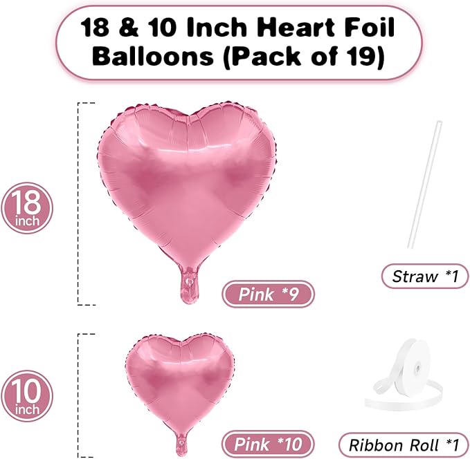 Pink Heart Balloons, 19PCS Pink Heart Shape Balloons, 18Inch with 10Inch Pink Helium Foil Heart Balloon Love Balloon for Girls Birthday Marriage Wedding Engagement Party Anniversary Decoration
