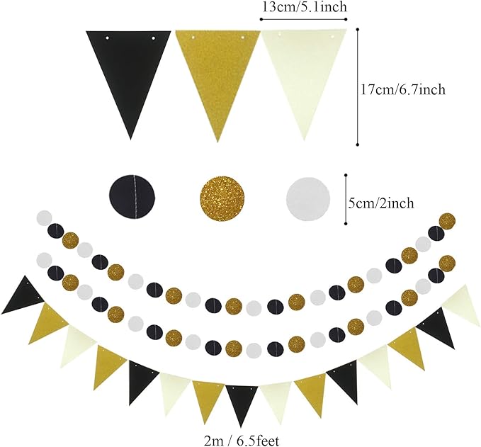 ZERODECO Party Decoration, 21 Pcs Black and Gold Hanging Paper Fans, Pom Poms Flowers, Garlands String Polka Dot and Triangle Bunting Flags for Birthday Parties Wedding Décor, Table & Wall Decorations