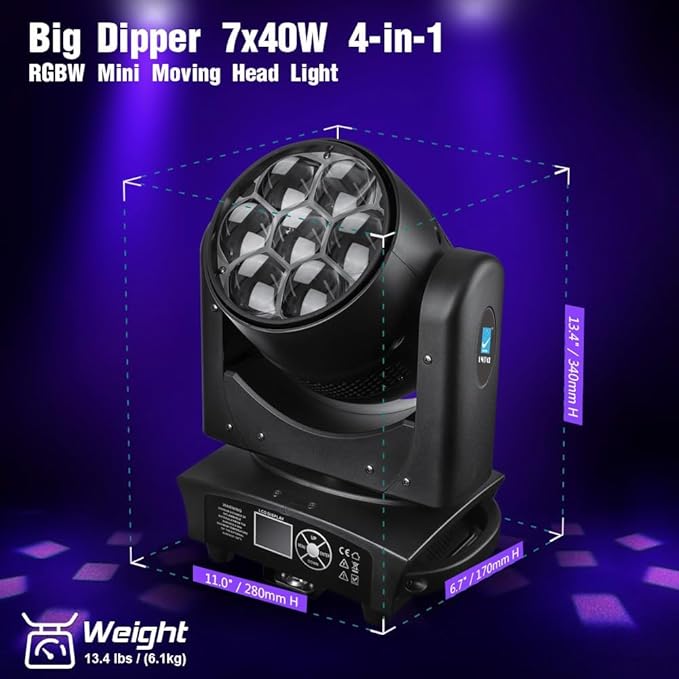 Big Dipper LM0740D 7x40w Wash Moving Head Stage Light, Professional Stage Lighting with RGBW Beam Lights LED Strobe Light for Parties and Bars