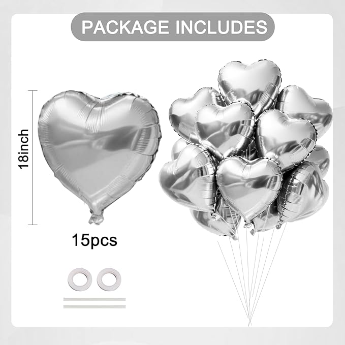 TONIFUL 15Pcs 18 Inch Silver Heart Balloons Silver Heart Shape Foil Mylar Balloons Decoration for Birthday Valentine's Day Wedding Bridal Shower Anniversary Engagement Party Supplies