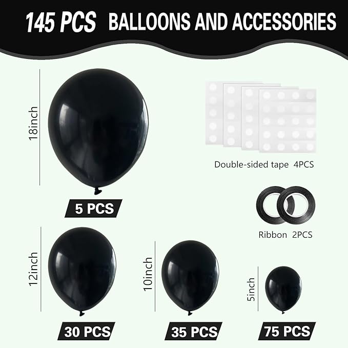 Black Balloons 145pcs Different Sizes 5in 10in 12in 18in Shiny Metallic Black Latex Balloon Arch Kit Garland for Graduation Halloween Baby Shower Birthday Party Decoration
