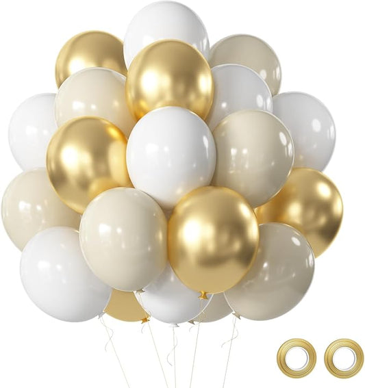 Sand White and Gold Balloons Set, 60 Pcs 12 Inch White Sand Gold Latex Balloons Gold and White Party Balloons For Birthday Bride Engagement Wedding Anniversary Party Decorations