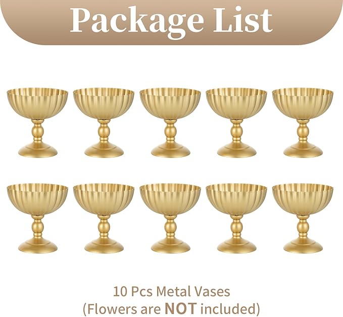 Sziqiqi Urn Vase for Wedding Centrepiece: 7.9in Gold Compote Bowl Vase Table Decorations - Floral Arrangement Pots Set of 10 - Metal Decorative Vases for Party Reception Dinner Table
