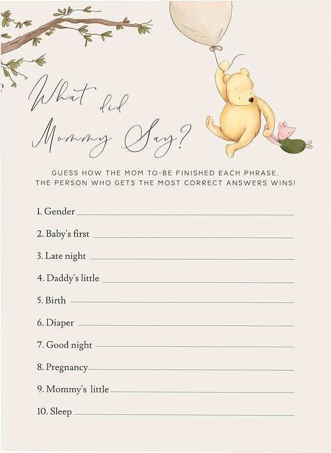 Winnie Baby Shower Games, What Did Mommy Say, Baby Shower Game Cards, Set of 30, Winnie The Pooh Party Favors, Baby Shower Party Games Supplies & Activities, Baby Shower Decorations
