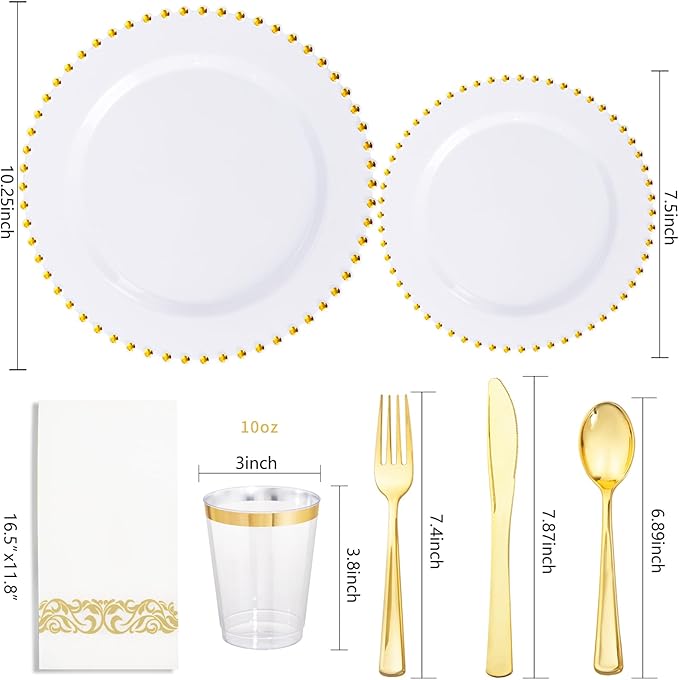 LIYH 350 Pcs White and Gold Plastic Plates - Elegant Disposable Gold Plastic Dinnerware set Include Dinner & Dessert Plates Cups Napkins for Birthday Party Wedding 50 Guests