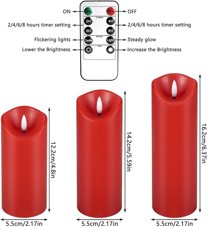 24 Pack Christmas Decoration Flickering Flameless Candles,LED Candles Battery Operated Pillar Candles with Remote Control.for New Year, Home Decor, Parties,Wedding(D2.2 xH 5" 6" 7" Red)