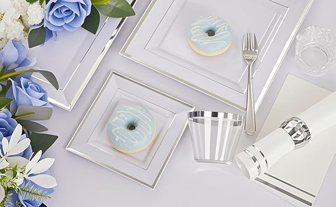 Festiva 350Pcs Silver Plates - Silver Square Plastic Plates 9 .5" and 6" - serve for 50 guests include 50 Cups 50Plastic Cutlery 50Hand Napkins Perfect for Party&Wedding&Birthday&Christmas