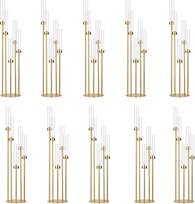 10PCS Gold Floor Candelabra,5 Arm Candle Holder Tall Floor Candle Holder with Acrylic Lampshade for Wedding Table Birthday Party Home Decoration Fit LED Taper Candles