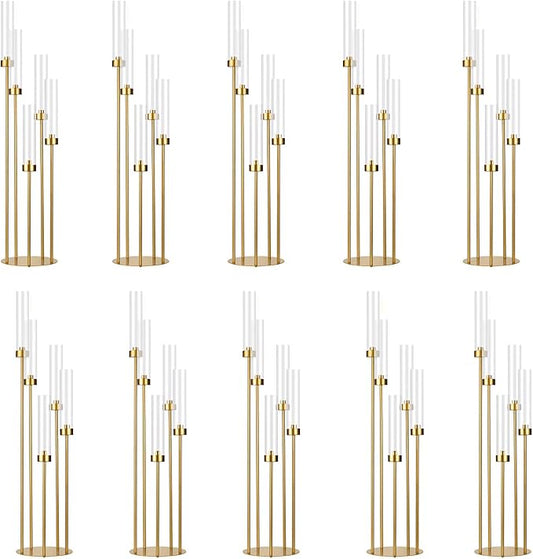 10PCS Gold Floor Candelabra,5 Arm Candle Holder Tall Floor Candle Holder with Acrylic Lampshade for Wedding Table Birthday Party Home Decoration Fit LED Taper Candles