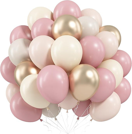Dusty Pink Beige Balloons, 60 Pcs 12 Inch Pink Sand White Balloons, Metallic Gold Nude Cream Balloon for Girls Women Birthday Pastel Bridal Shower Boho Wedding Baby Shower Engagement Party Decoration