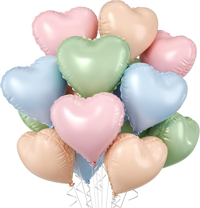 Pink Blue Green Heart Balloons, 10 Pcs Pastel Heart Shaped Balloon, 18 Inch Baby Pink Blue Sage Green Foil Balloons for Boho Garden Wildflower Brithday Baby Shower Valentines Tea Party Decoration