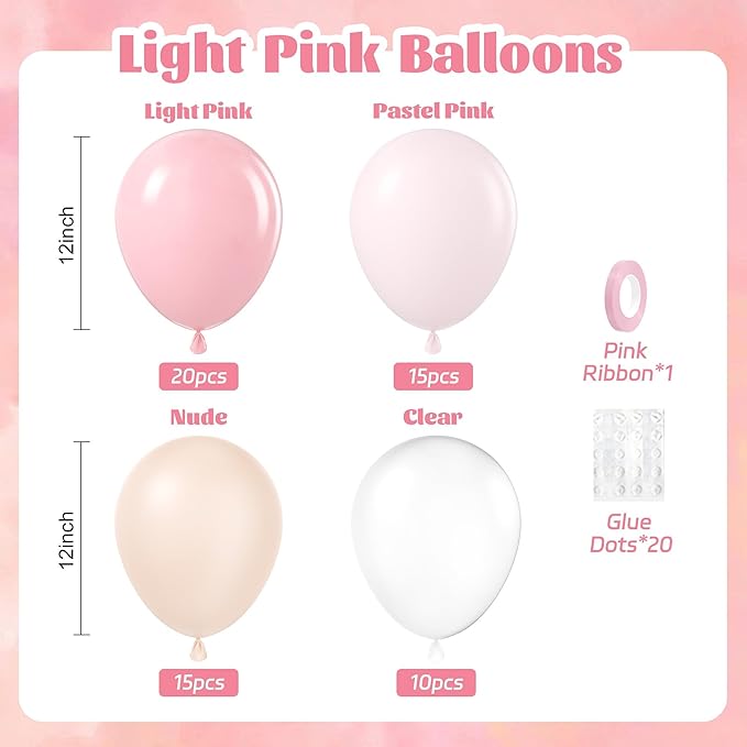 60pcs Light Pink Balloons 12inch with Pastel Pink Nude Clear Balloons for Gender Reveal Baby Shower Birthday Party Decorations