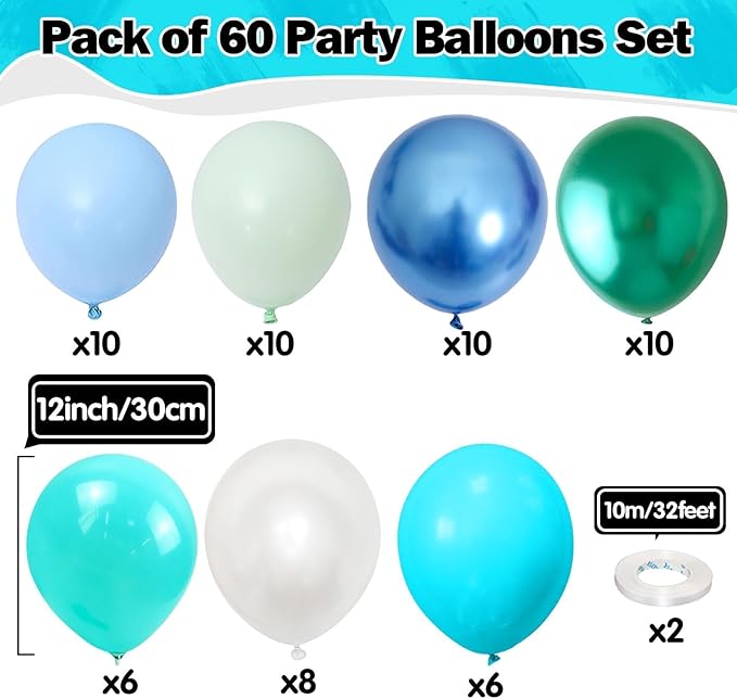 Blue Green Teal Balloons 60 Pcs Ocean Blue Green Pearl White Balloons 12 Inch Under the Sea Shark Whale Underwater World Theme Balloon Set for Boys Baby Shower Gender Reveal Birthday Party Decorations
