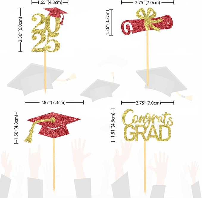 24Pcs Graduation Cupcake Toppers, Graduation Cupcake Picks for Cupcake Food Decorations - Class of 2025 Cupcake Toppers Supplies (Red Gold)