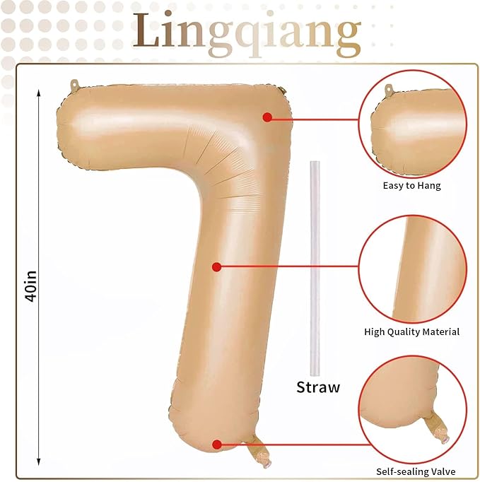 40 Inch Apricot Foil Balloon Number 7, Giant Self Inflating Nude Number Balloons 0-9 Digital Helium Balloons Set for Girls Boys 7th Birthday Anniversary Baby Shower Party Decorations Supplies