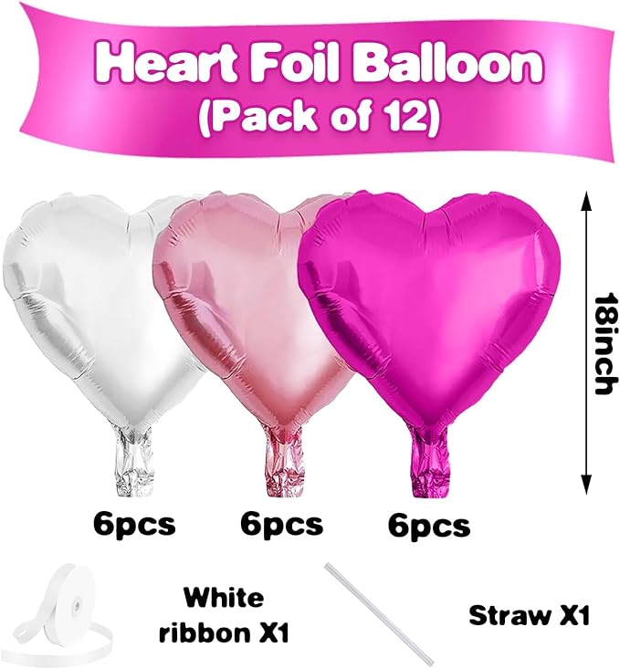 Hot Pink White Heart Balloons,12Pcs 18 Inch Light Pink Helium Foil Love Heart Shaped Balloons for Bridal Wedding Engagement Party Anniversary Birthday Baby Shower Valentines Day Decorations