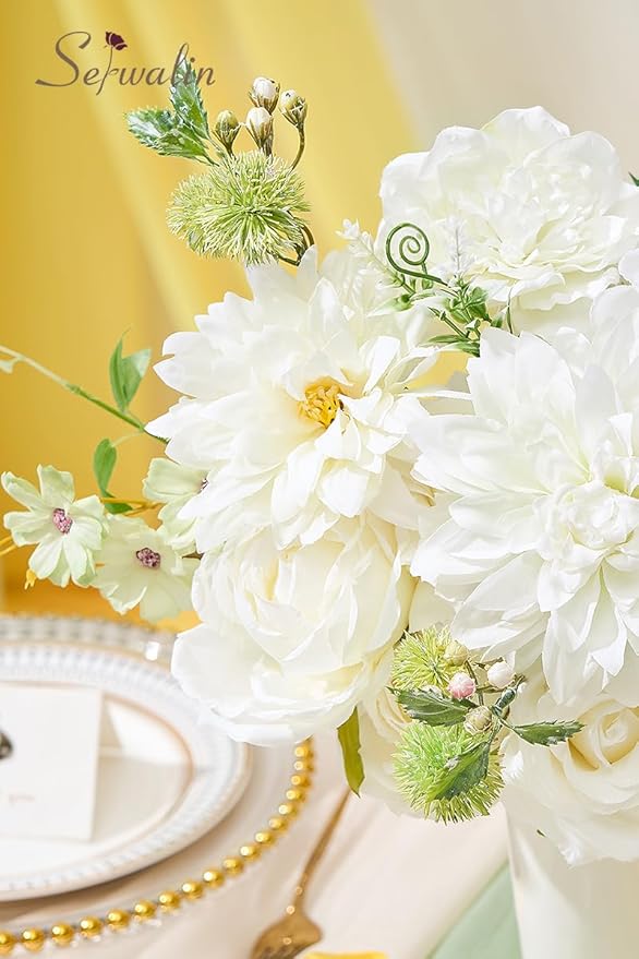 Serwalin Artificial White Flowers, Silk Fake Flowers for DIY Wedding Bouquets Cake Flower, Table Centerpieces Baby Shower Birthday Party Home Decorations