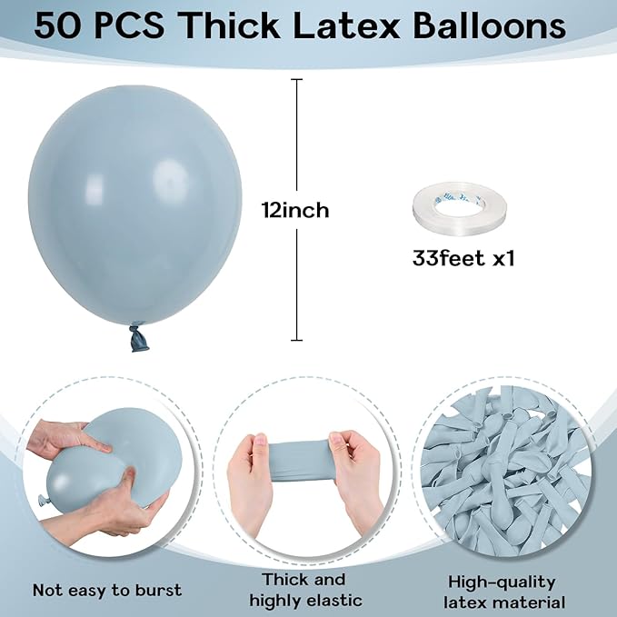 Blue Balloons 12 Inch, 50 Pcs Pale Aqua Blue Balloon Muted Dusty Blue Latex Balloons Matte Retro Powder Light Blue Helium Balloons for Birthday Boho Baby Shower Bachelorette Party Decorations