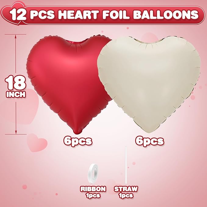 Red White Heart Balloons,12Pcs 18Inch Cream White Metallic Red Heart Shaped Foil Helium Balloons for Birthday Anniversary Wedding Engagement Party Decorations