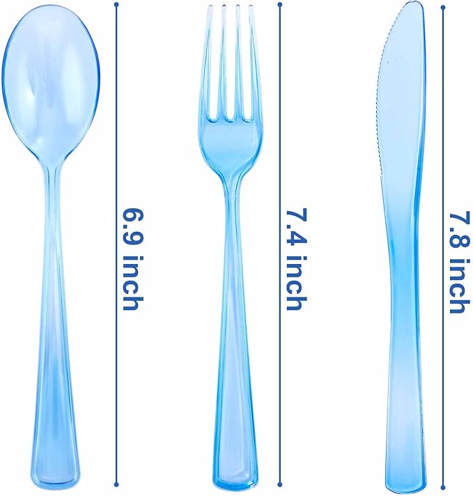 WDF 180 Pieces Blue Plastic Silverware Disposable - Clear Blue Cutlery Sets 60 Forks, 60 Knives and 60 Spoons - Heavy Duty Utensils for Party, Wedding, Graduation