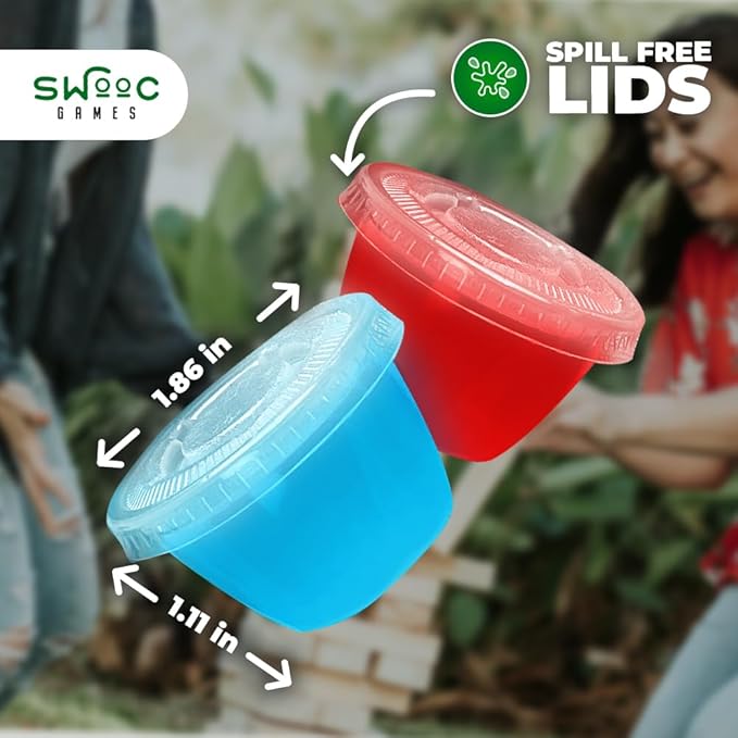 SWOOC Games – 105 Extra/Replacement Gelatin Shot Cups & Lids for Giant Tower Party Game – Clear Plastic & Leak Proof - Perfect Size for Hidden Shot Blocks - Tipsy Topple Game for Adults - Block Games