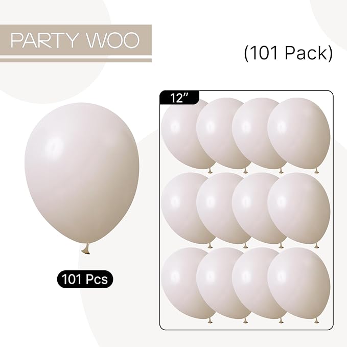 PartyWoo White Sand Balloons 101pcs 12 Inch Off White Beige Cream Ivory Boho Neutral Latex Balloons for Wedding Graduation Baby Shower Anniversary Engagement Birthday Party Decorations White-F12