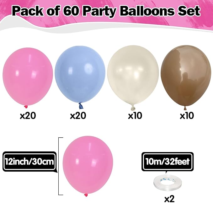 Pink Blue Balloons 60 Pcs Dusty Pink Blue Brown Balloons 12 Inch Retro Slate Blue Pink Tan Khaki Brown White Sand Balloon for Boho Gender Reveal Boys or Girls Baby Shower Birthday Party Decorations