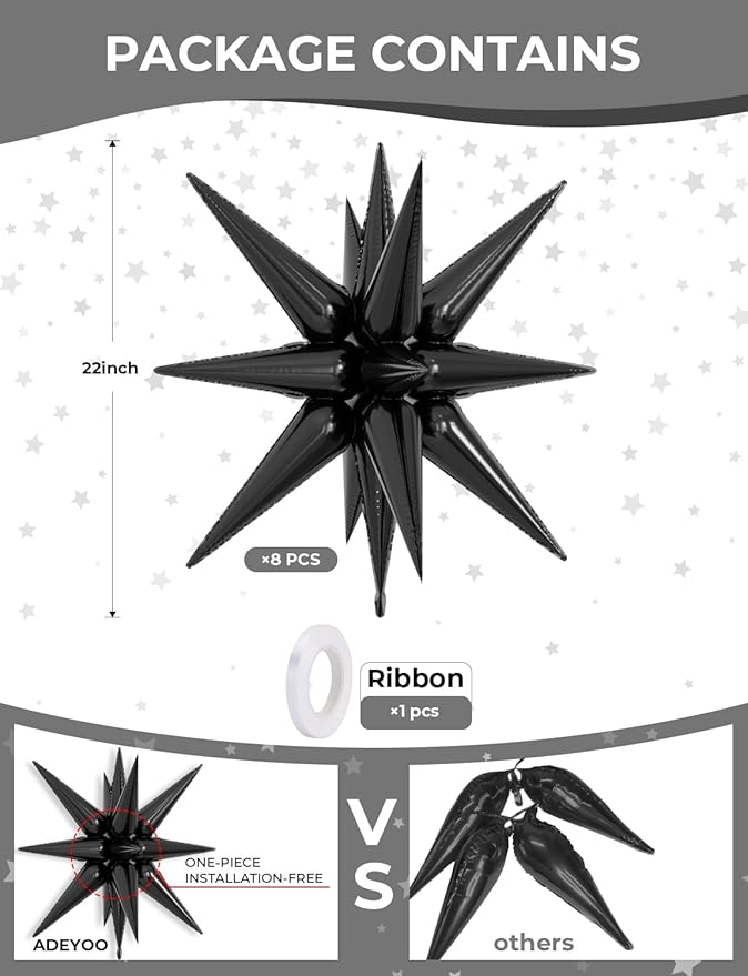 8Pcs Star Balloons, Explosion StarBalloons One-Piece 14 Point Black Foil Balloon 22 Inch 4D Spike Mylar Balloon for Happy New Year Wedding Anniversary Backdrop Birthday Party Decorations