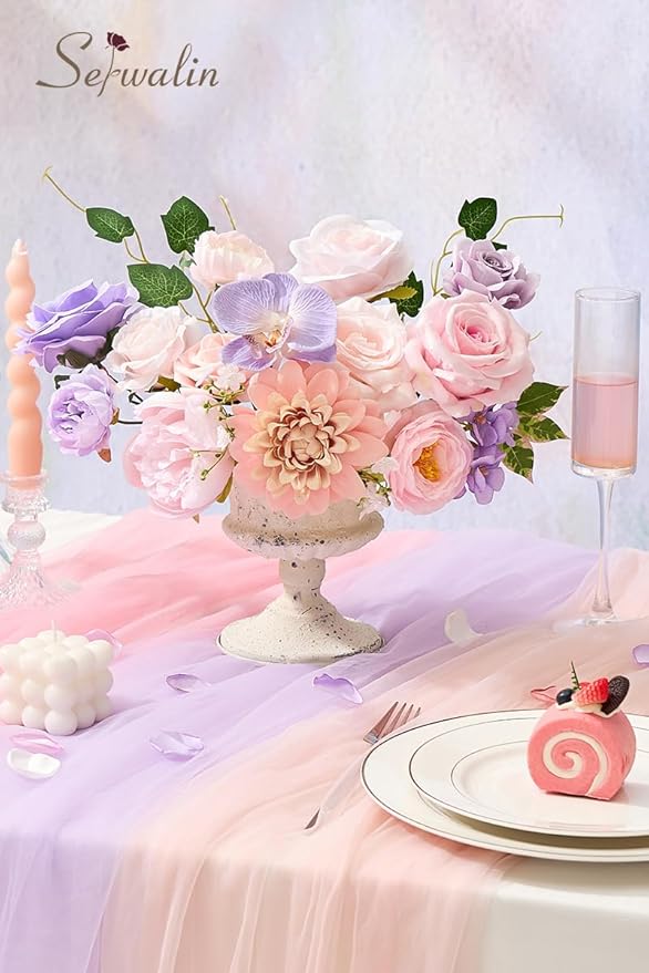 Serwalin Artificial Pink & Purple Flowers, Silk Fake Flowers for DIY Wedding Bouquets Cake Flower, Table Centerpieces Baby Shower Birthday Party Home Decorations