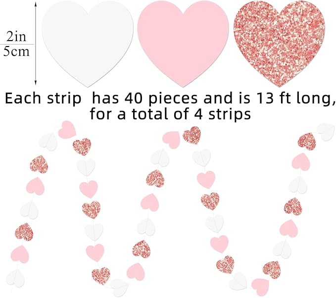 Rose-Gold Pink White Party Decorations - 52Ft Paper Streamers Women Girl Birthday Garland Baby Bridal Shower Banner Bachelorette Engagement Wedding Mothers Day Valentines Galentines Decor HongTongTong