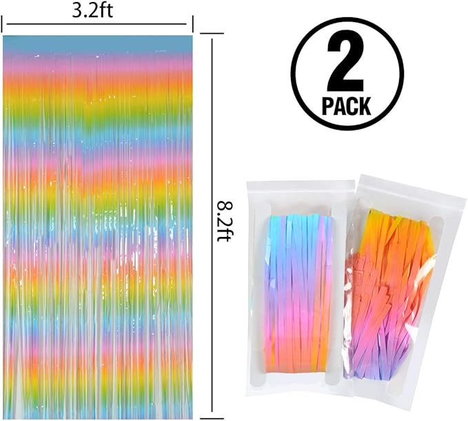 Melsan 2 Pack 3.2 ft x 8.2 ft Pastel Tinsel Foil Fringe Curtains Backdrop, Metallic Rainbow Foil Curtains for Easter Party Decorations Party Photo Booth Props Decoration (Rainbow)