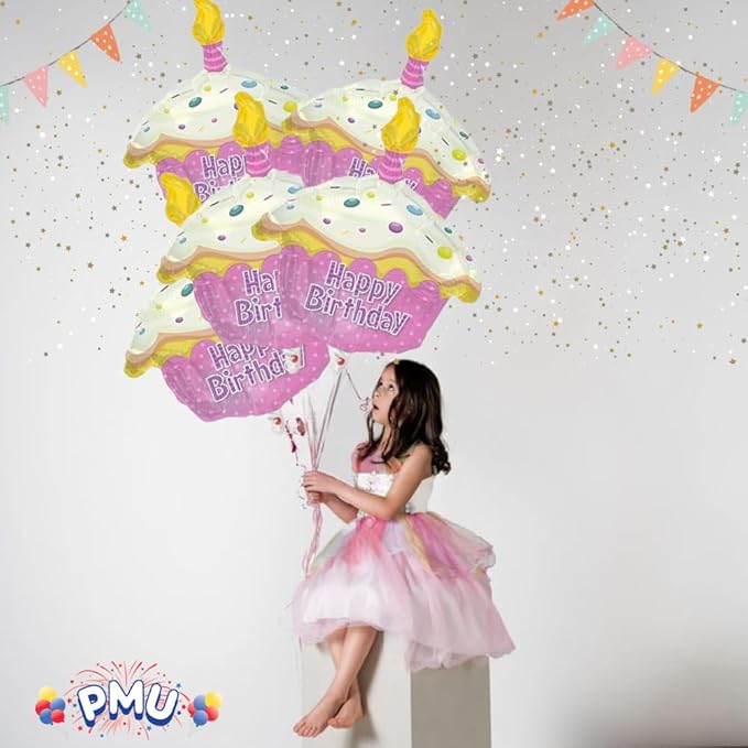 PMU Happy Birthday Pink Cupcake Shape 18 Inch Mylar-Foil Balloon Pkg/10