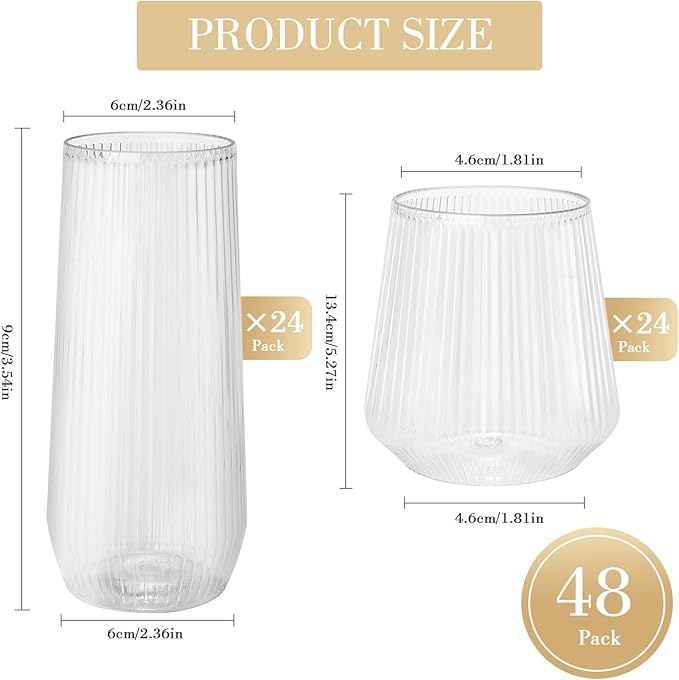 48 Pack Plastic Glasses – 24 x 9oz Stemless Champagne Flutes & 24 x 12oz Stemless Wine Glasses – Elegant Disposable Shatterproof Cup – BPA-Free Drinkware for Weddings, Parties (Clear Ribbed)