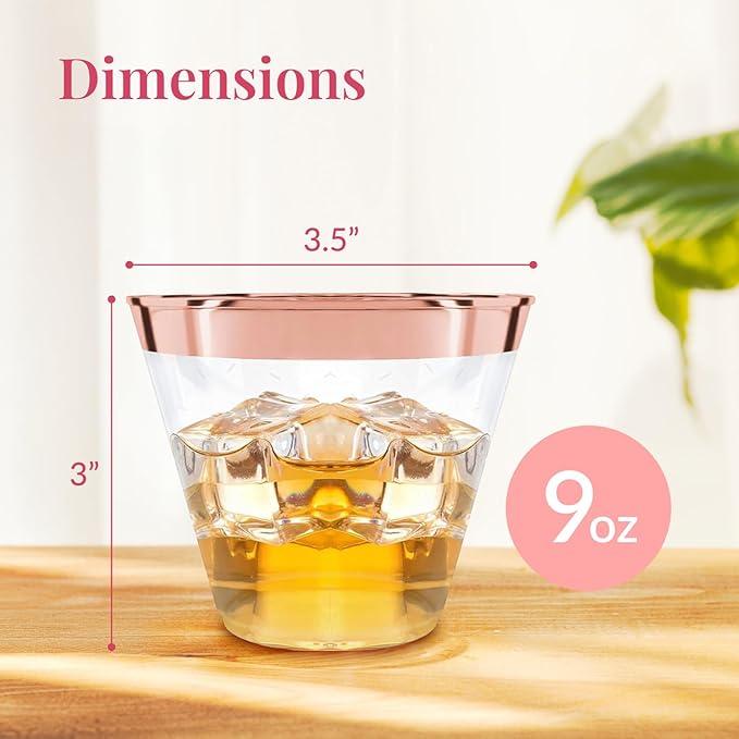 Prestee 100 Rose Gold Plastic Cups - Rose Gold Plastic Cups 9 oz - Party Decorations - Disposable Wine Cup - Clear Cup - Bulk Party Wine Glasses