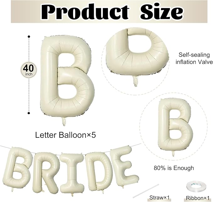 40 Inch Beige BRIDE Balloon for Bachelorette Party Decorations, Large Cream White Foil BRIDE Letter Balloons Sign for Bridal Shower Wedding Engagement Bride To Be Party Favors Decor