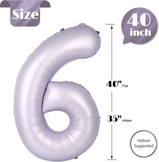 Lilac Number 6 Balloon 40 Inch, 6th Birthday Party Decorations for Children, Giant 6 Foil Balloon for Party Supplies