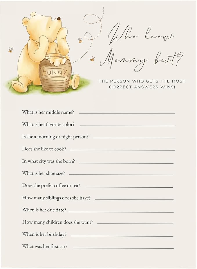 Winnie Baby Shower Games, Who Knows Mommy Best Baby Shower Game Cards, Baby Shower Decorations, Baby Shower Party Games Supplies & Activities, Set of 30 Cards