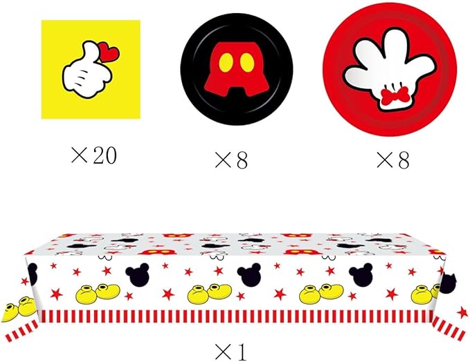 OULUN Mouse Theme Party Supplies Kit, 16 Paper Plates (8pcs 9 inch, 8pcs 7 inch), 20 Napkins, Table Cloth, Red, Mouse Cartoon, Birthday