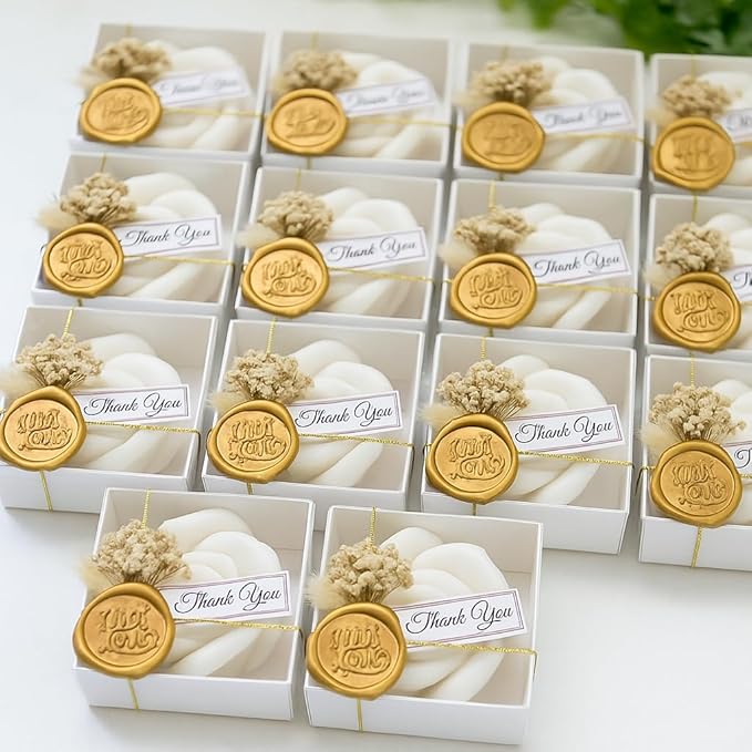 White Rose Petal Soy Wax Candles in Bulk – Rose Candle Wedding Favors for Guests, Personalized Candle Favors for Bridal Shower & Baby Shower Gifts – Dried Flower & Wax Seal Design (70 Pieces)